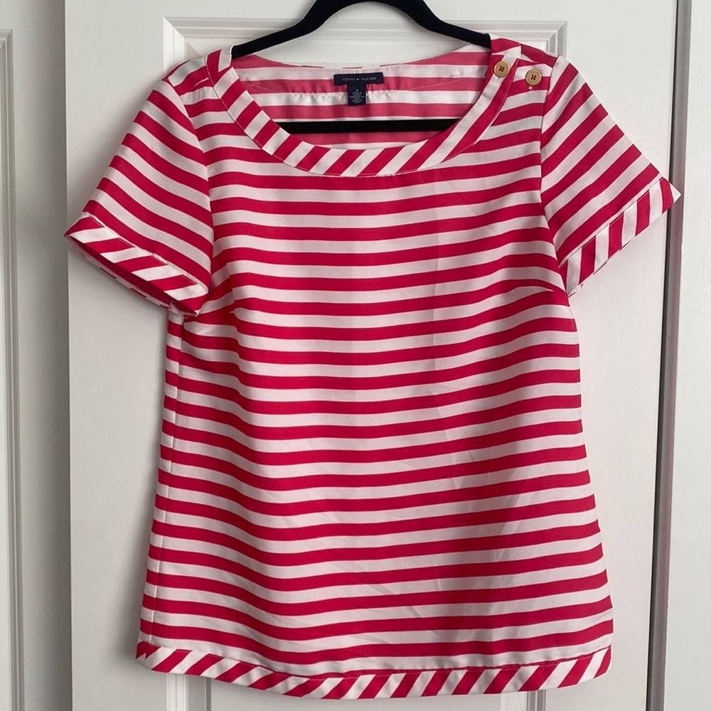 Tommy Hilfiger pink and white striped blouse, size medium.